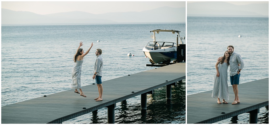 Lake Tahoe family photographer documenting laughter on the pier at sunset