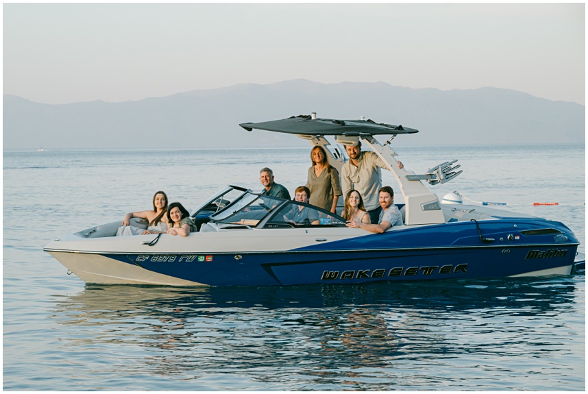 Experience gift for moms who love meaningful moments like this mom 's family boating in front of their lakehouse on the west shore of Lake Tahoe