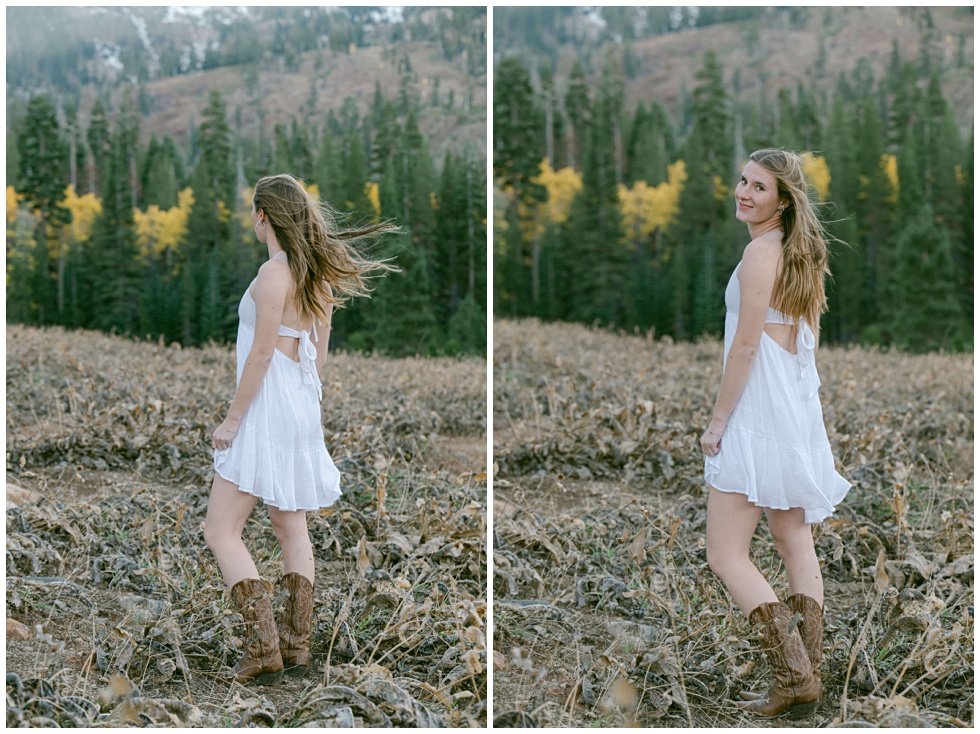 Truckee senior high grad in a white dress and cowboy boots at Alpine meadows during a fall mountain photo session photographed by North Tahoe photographer Annie X