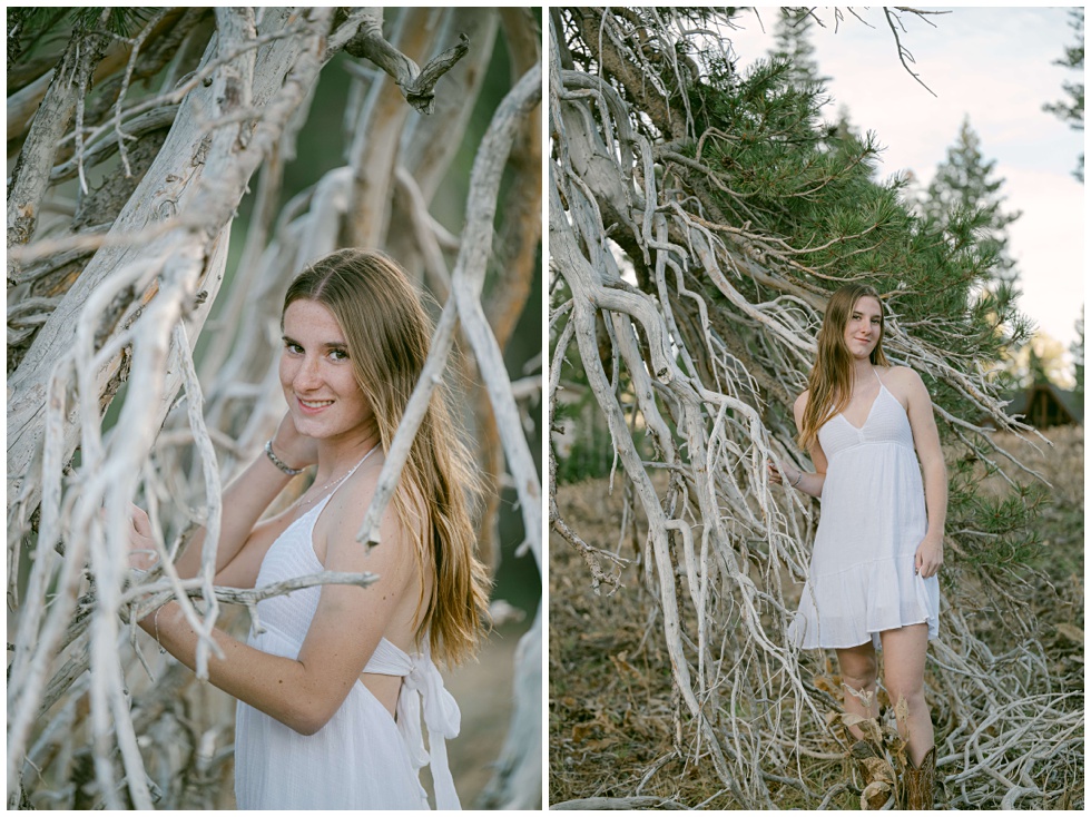 fall senior photo session of girl in white dress and cowboy boots in Tahoe during a portrait session