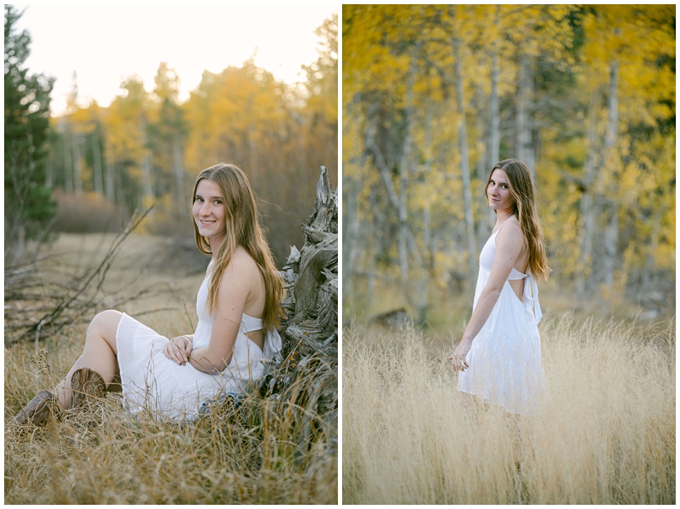 fall senior photos in a Tahoe meadow in soft golden light sitting in blond grass