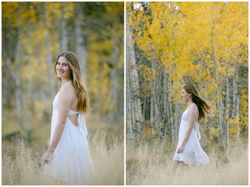 Beautiful natural portraits of senior in white dress wind in her hair with yellow aspens photos by Annie X Tahoe senior photographer