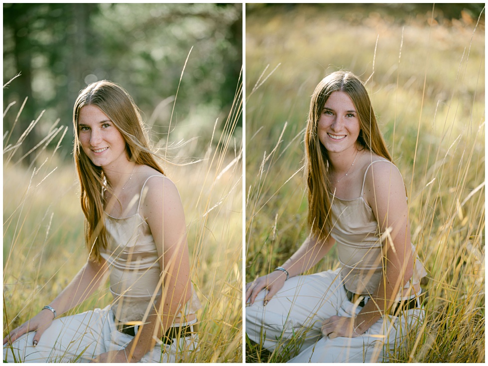 fall senior photos of girl sitting in tall golden grass in Palisades Tahoe photographed by Annie X Photographie