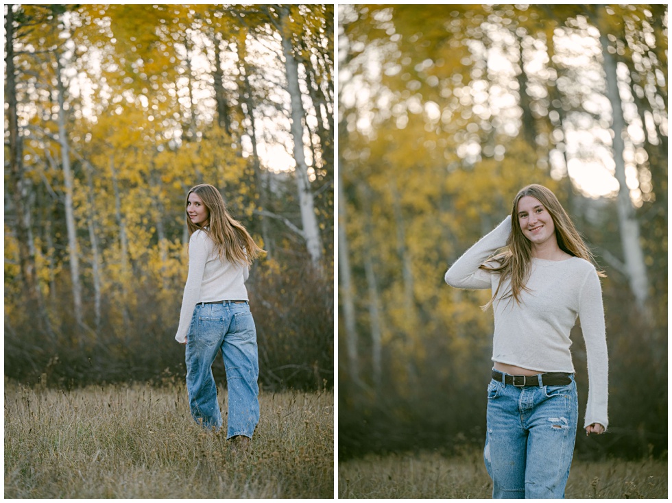 North tahoe senior photographer capturing girl in tall grass and fall foliage at sunset golden light