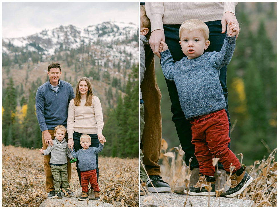 Lake Tahoe photographer captures this little family fall session in Tahoe mountains snowcapped mountains in the background