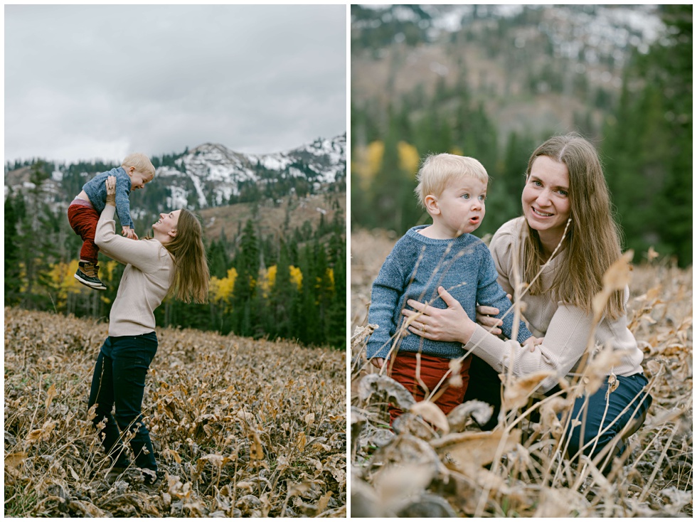 North Tahoe family portrait session in the mountains with mom and her youngest boy 1 year old with snowcapped mountain in the background
