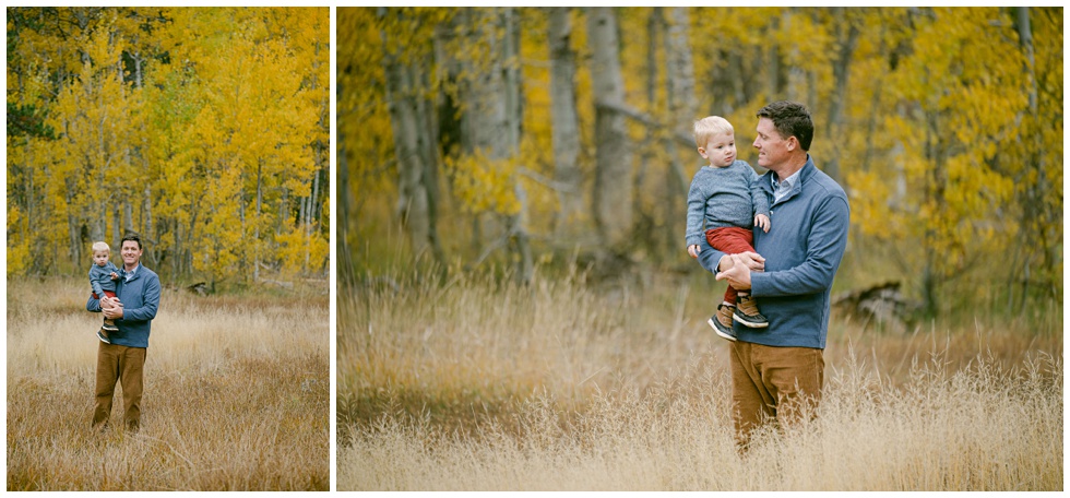 Dad and his baby toddler during a fall family portrait session in a Tahoe meadow with full yellow foliage