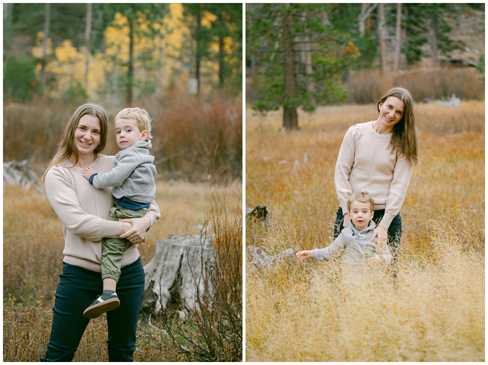Family portrait session in a meadow in Tahoe in the fall captured by local Tahoe family photographer Annie X Photographie