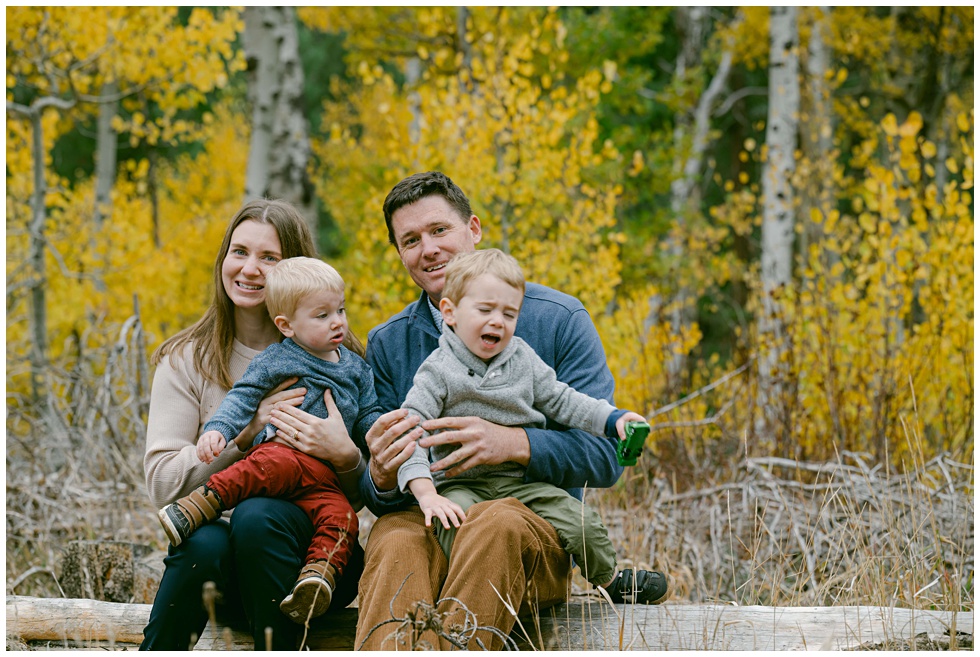 Lake Tahoe fall family portrait with two toddlers and golden foliage