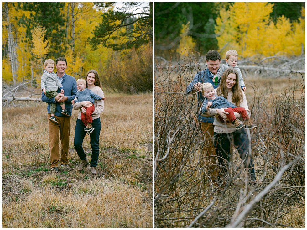 little family in meadow with fall bright yellow foliage phtoographed candidly by North Tahoe photographer