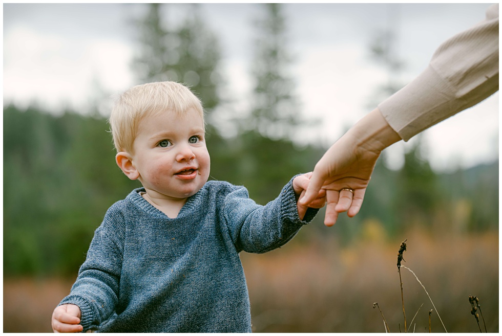 Blond toddler boy holding his mom 's hand when walking through a Tahoe meadow during a family family session