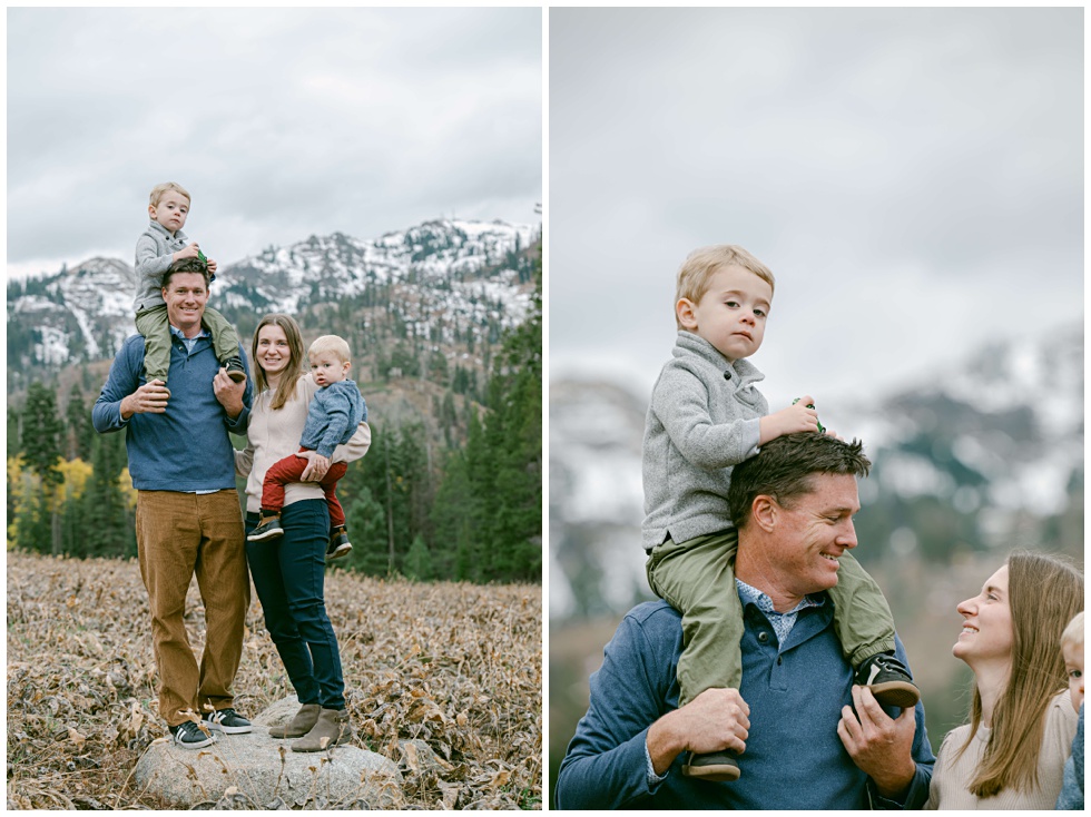 Lake Tahoe family portrait session in Alpine meadows with two toddler boys and snowcapped mountain in background