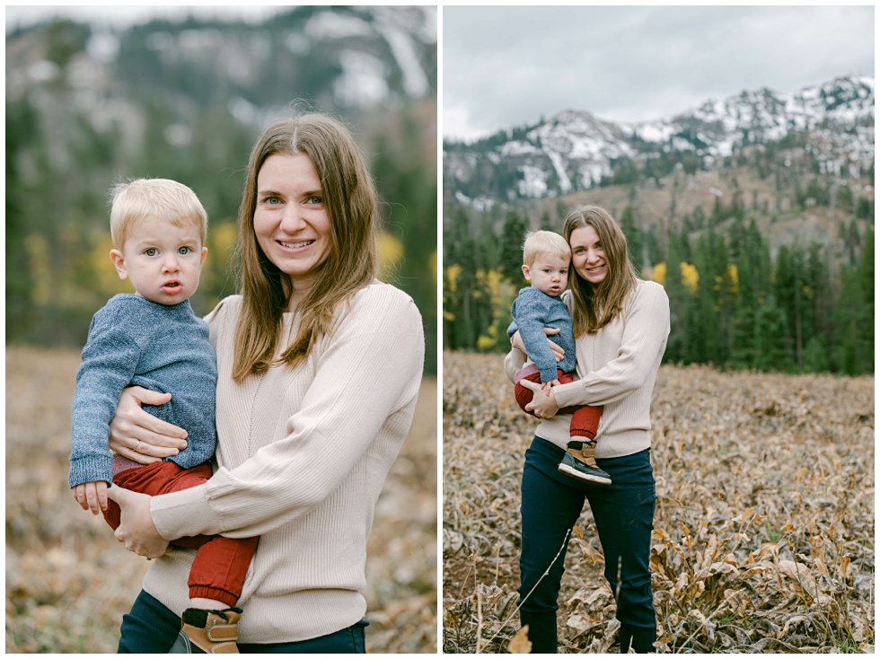 Mama and her baby in her arms during a fall family portrait session in the Tahoe mountains photographed by Tahoe family photographer Annie X Photographie