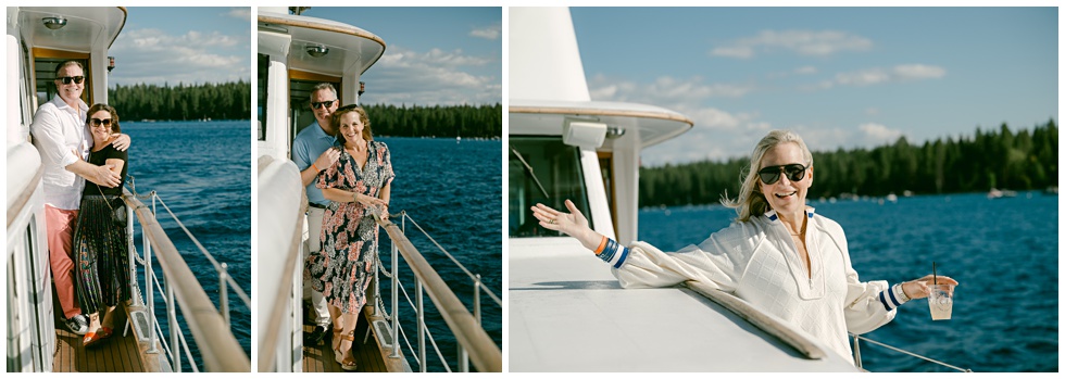 Evening cruise on Lake Tahoe with guests enjoying cocktails and mountain views captured by lake Tahoe event photographer