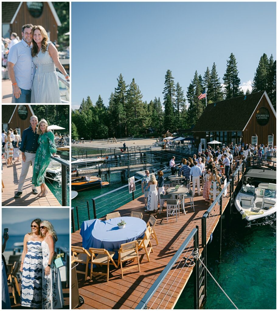 Champagne toast on deck at sunset during Chambers Landing Lake Tahoe celebration