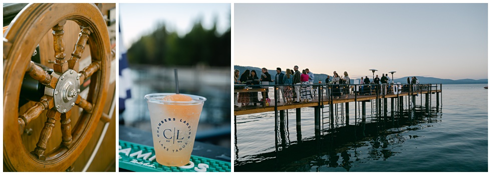 Champagne toast on deck at sunset during Chambers Landing Lake Tahoe celebration photographed by lake tahoe event photographer Annie X Photographie
