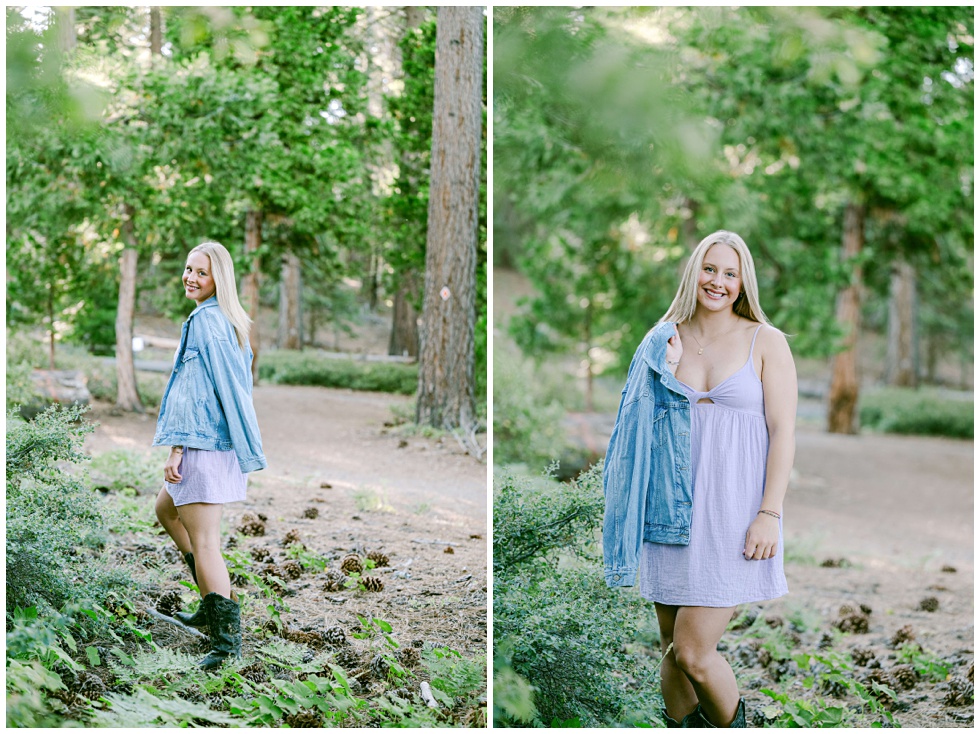 Lake Tahoe senior pictures of girl in lilac dress and cowboy boots captured by North Lake Tahoe senior photographer
