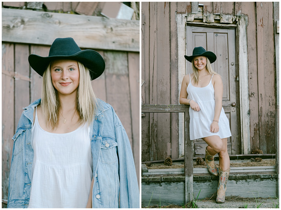 Lifestyle senior portrait with cowgirl black hat and white dress captured during senior portrait session