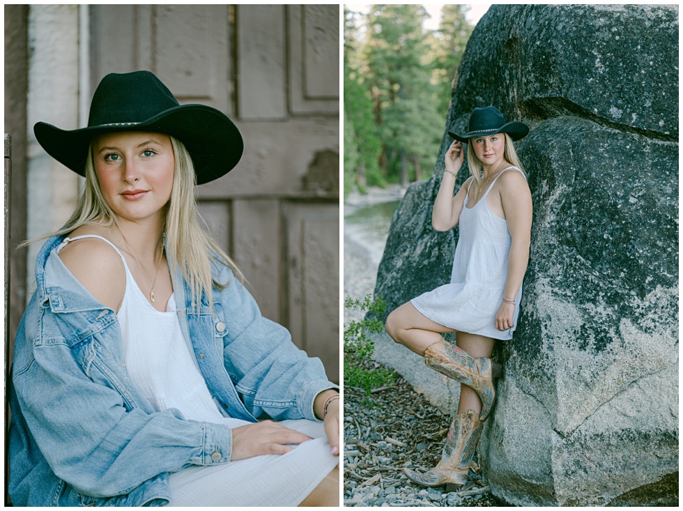 Editorial senior portrait on pebbled Lake Tahoe beach at Sugar Pine Point 