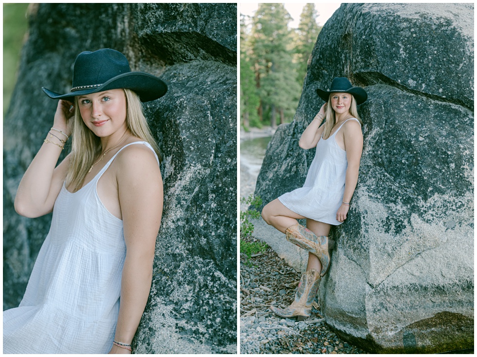 Editorial-style senior photos with cowboy hat, girl leaning on a granite boulder on the edge of Lake Tahoe captured by annie x photographie