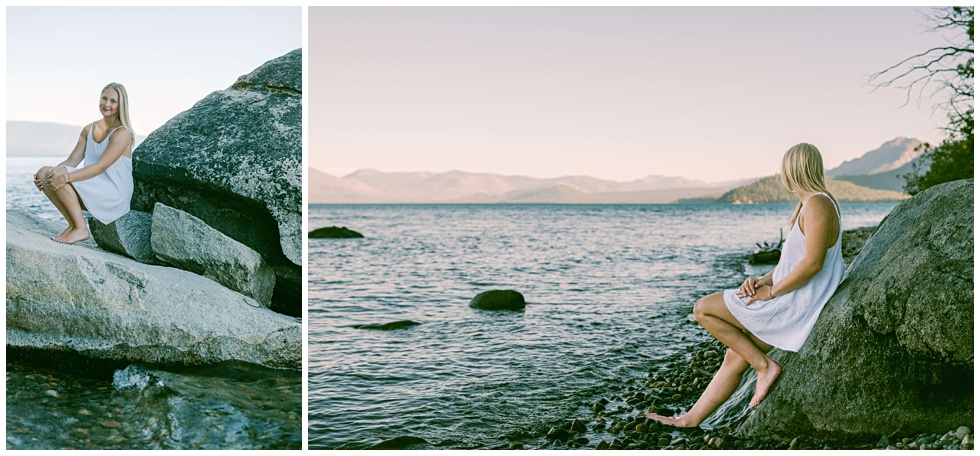 west shore lake tahoe senior lake session with blond girl in white dress on boulder rocks photographed by Tahoe senior photographer