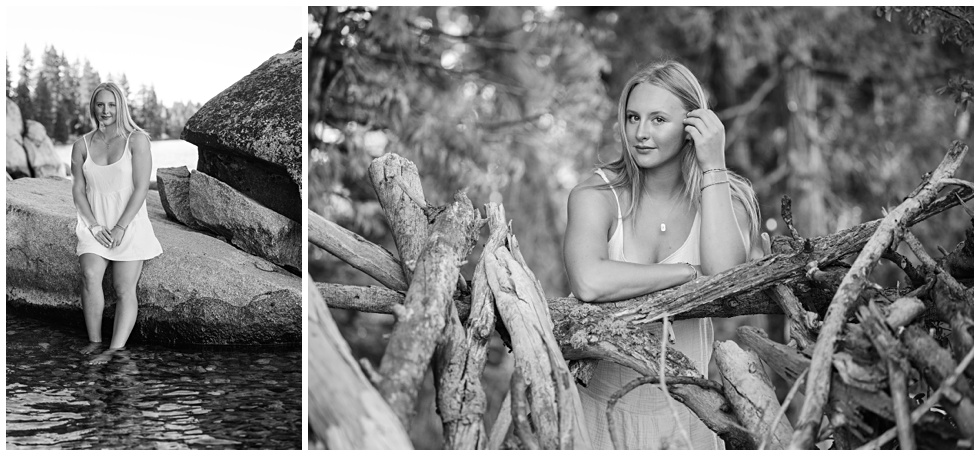 black and white image of senior feet in lake tahoe standing in front of a granite boulder in Lake Tahoe photographed by lake Tahoe senior photographer Annie X