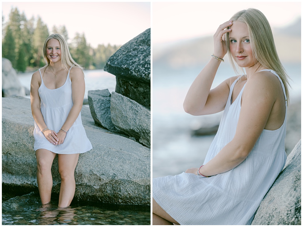 Editorial senior portrait on pebbled Lake Tahoe beach at Sugar Pine Point