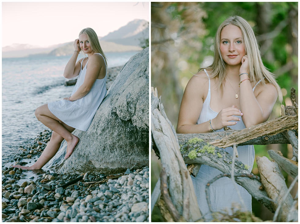 Soft light portrait at West Shore Tahoe with lake and trees in background