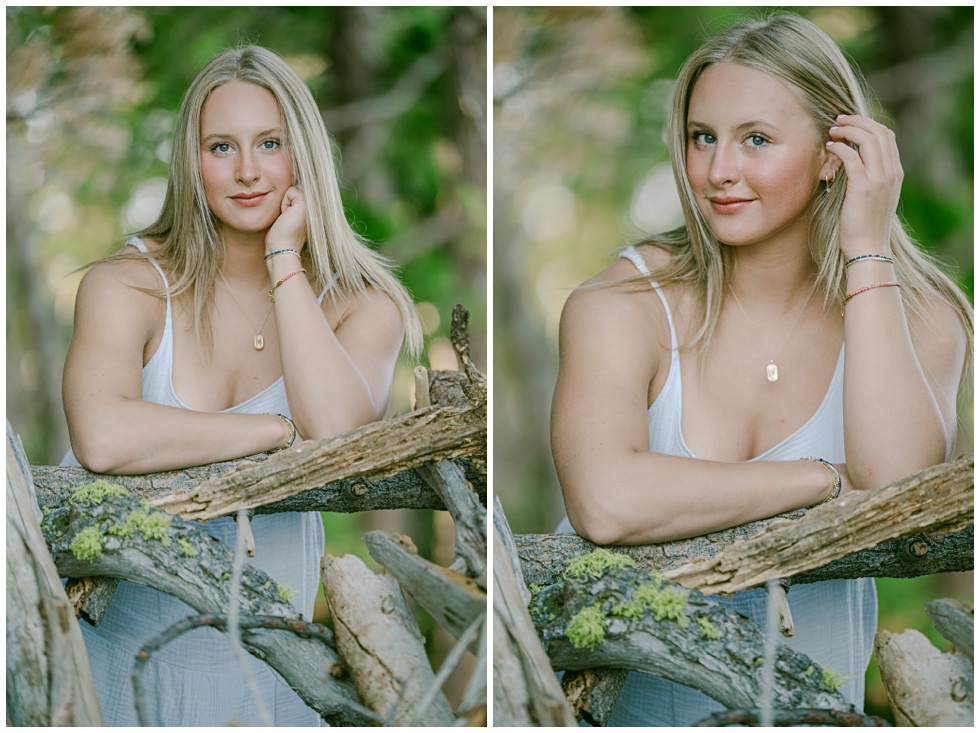 Natural senior portrait with soft glow in trees at Sugarpine park on west shore lake tahoe