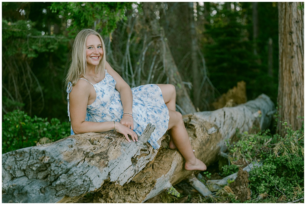 natural senior portraits of girl lying on a dead tree trun looking at camera in soft sunset light