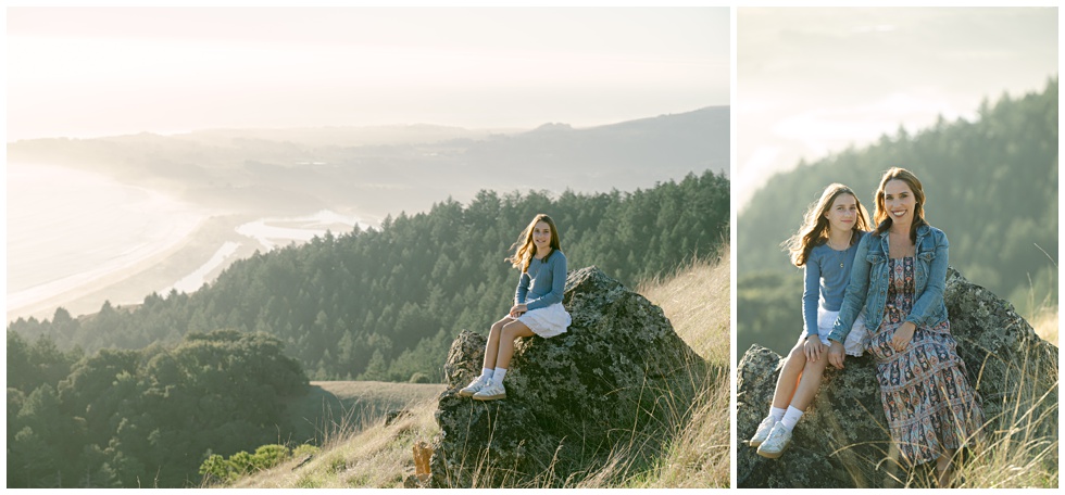 Marin family portraits with view of Bolinas Bay in golden light mom and her preteen daughter