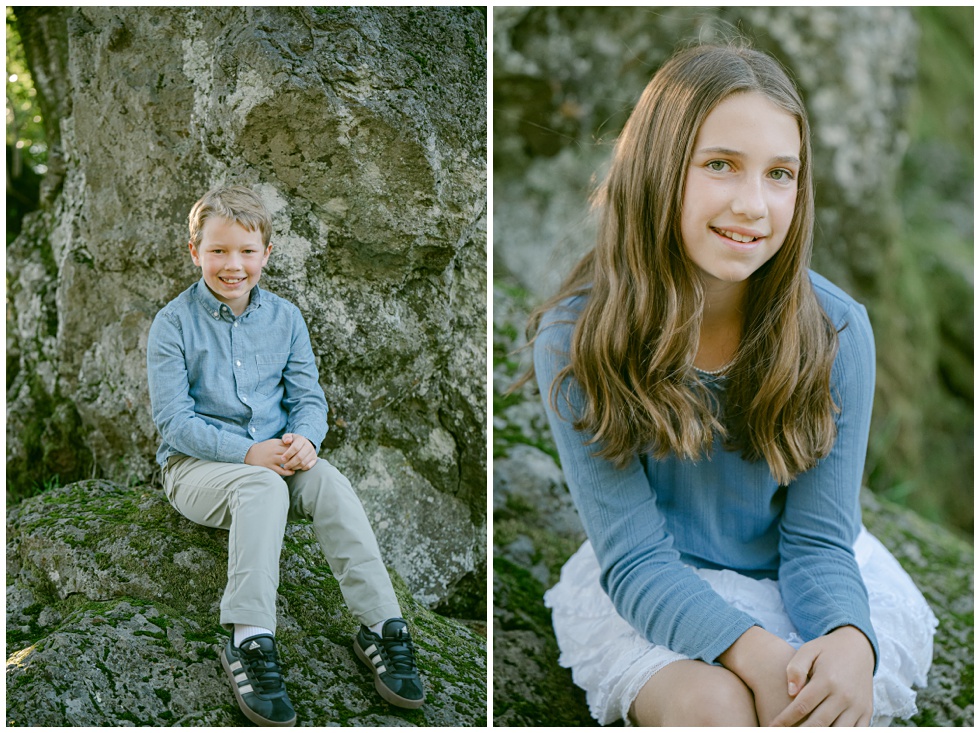 Marin family photographer Annie X capturing close up portraits on mossy rocks on MT Tam during marin family session