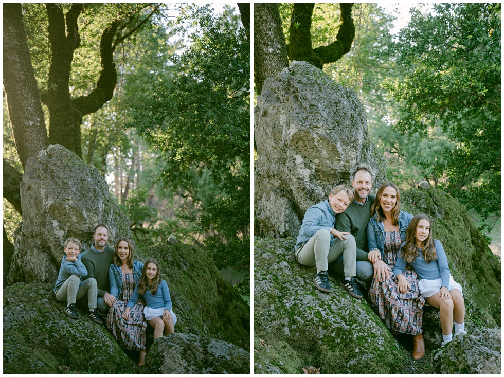 Family portrait siting on mossy rocks amongst oak trees during a portrait session in Marin on MT Tam captured by Annie X Phtoographie