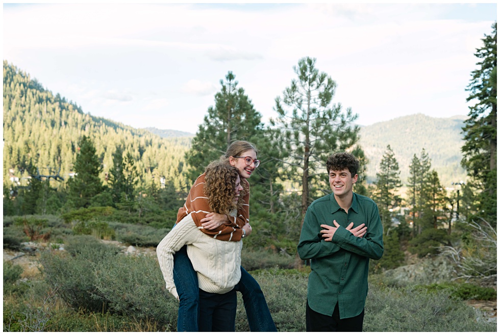 North Lake Tahoe photographer photographing three siblings in Palisades Tahoe neighborhood