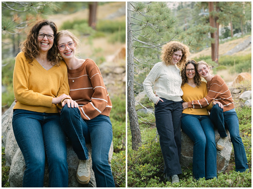 Siblings giving mom a birthday portrait session in Palisades Tahoe with mama and her girls sitting on a rock