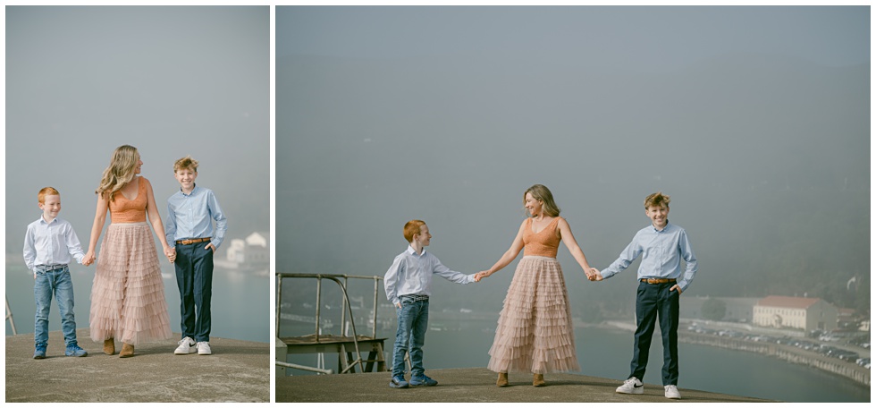 Soft morning light over the bay during family session at Point Cavallo with this mama and her two boys