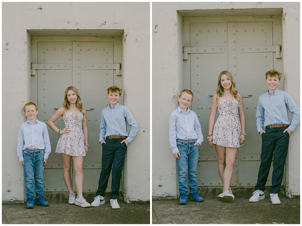 Natural family photo of the kids in front of bunkers captured in Sausalito by Annie X Photographie