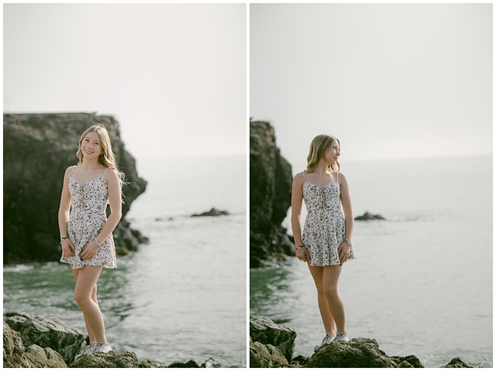 Sausalito family session at Point Cavallo in soft foggy morning light with this tween posing on rocky shore for Marin family photographer Annie X Photographie
