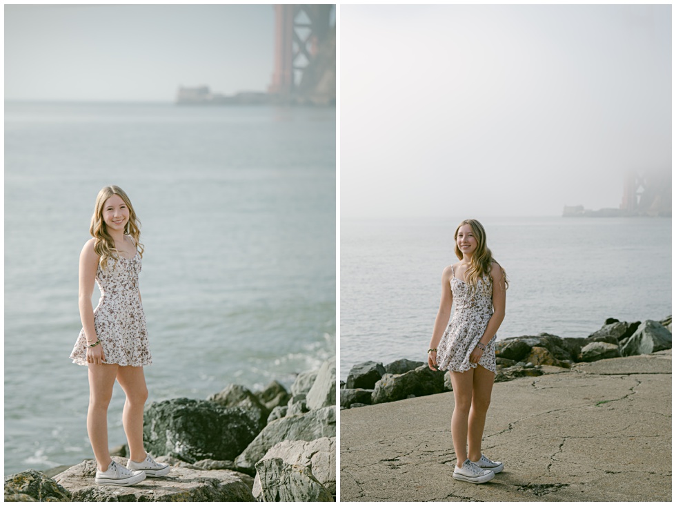 Foggy Sausalito family session with ocean and bridge in background with this tween girl in a short floral dress