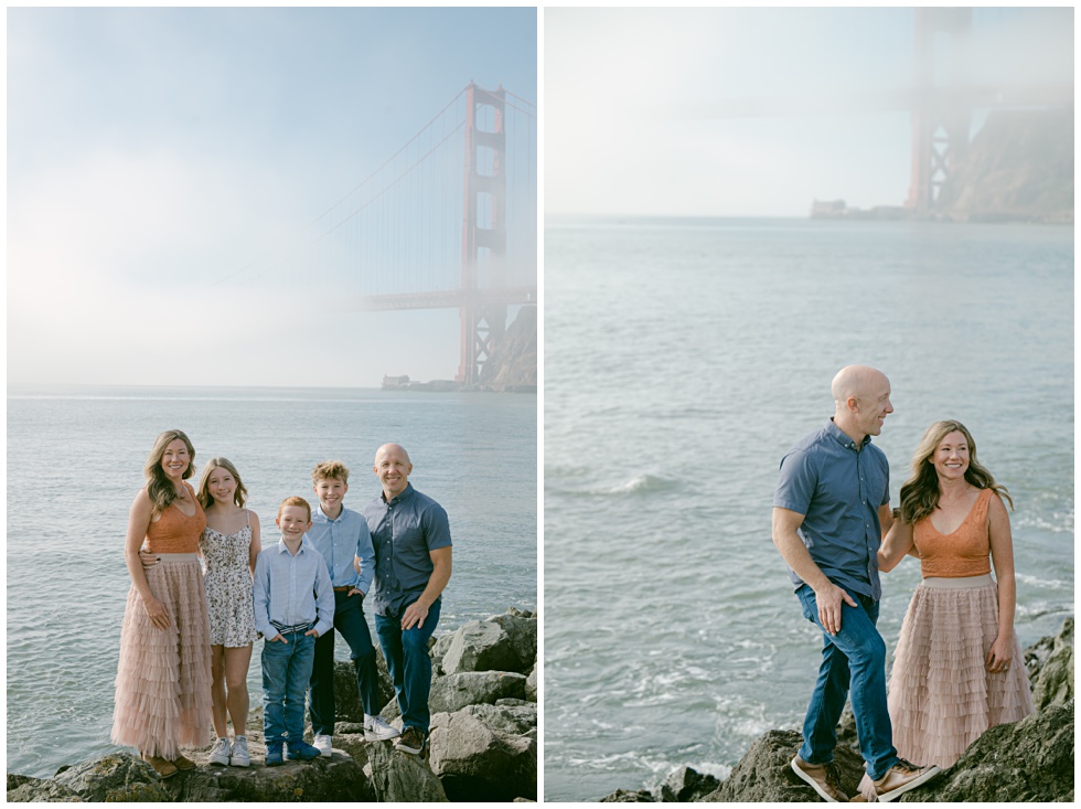 Bay Area family photographer capturing portraits near Golden Gate Bridge on a foggy morning