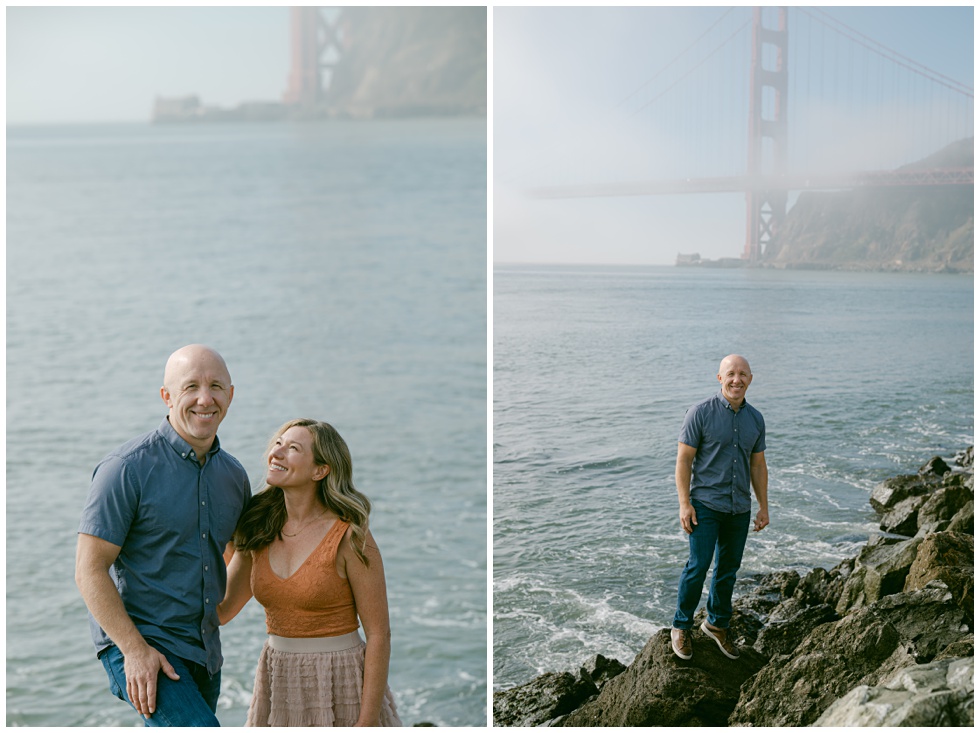 Parents standing on rocky shoreline during Point Cavallo photo session