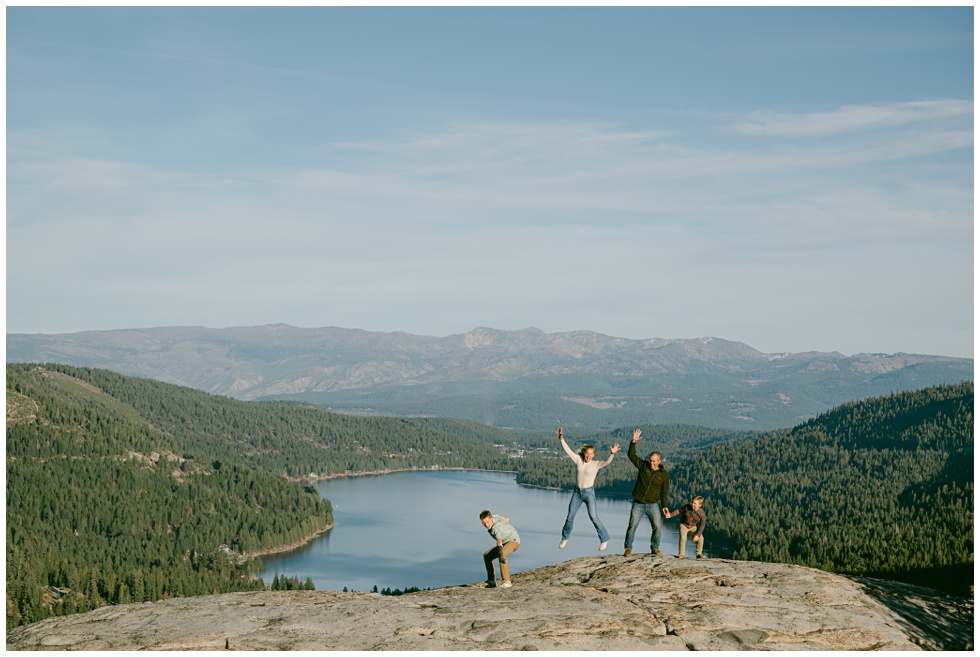 Fall family photos with Donner Lake views amazing golden light and energy photographed by Tahoe family photographer