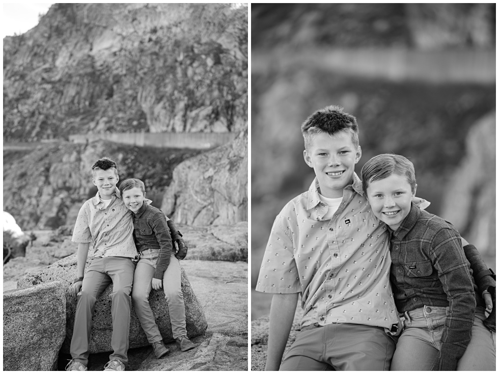 Donner Summit fall family photo session with two boys sitting on granite rock