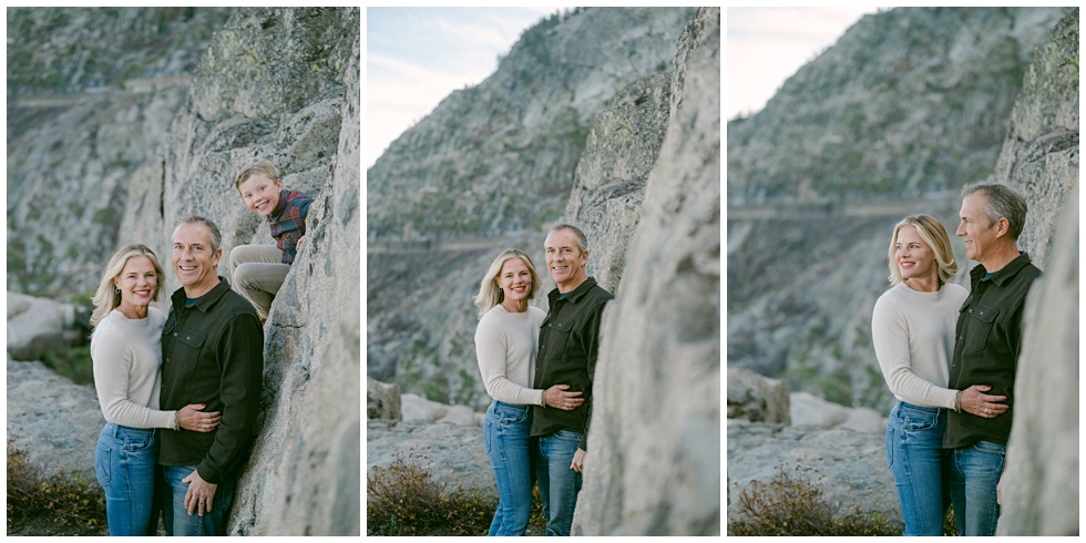Tahoe family photos with a few frames with the parents leaning on granite with golden light