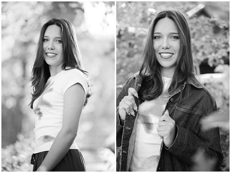 Portrait of senior girl in casual fall outfit during Palisades Tahoe senior photos in black and white