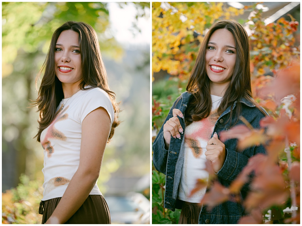 Senior girl standing on trail at Palisades Tahoe during golden hour one image with jean jacket and foliage both looking at camera smiling