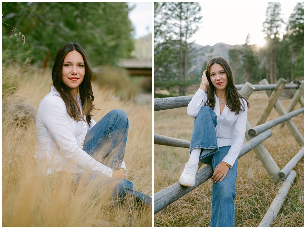 Golden hour senior portrait at the base of Palisades Tahoe sitting on fence and sitting in tall golden grass