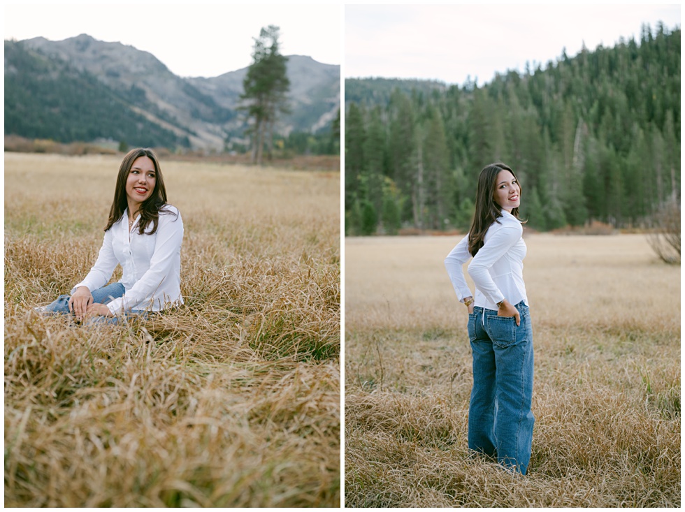 Senior girl standing in Olympic Valley during fall with golden light at Palisades Tahoe