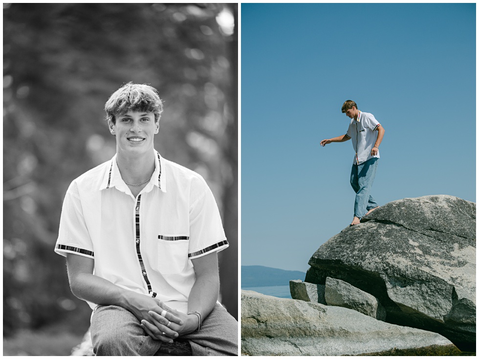 Senior boy standing in morning light and granite boulder during Lake Tahoe senior photos at Sugar Pine Point