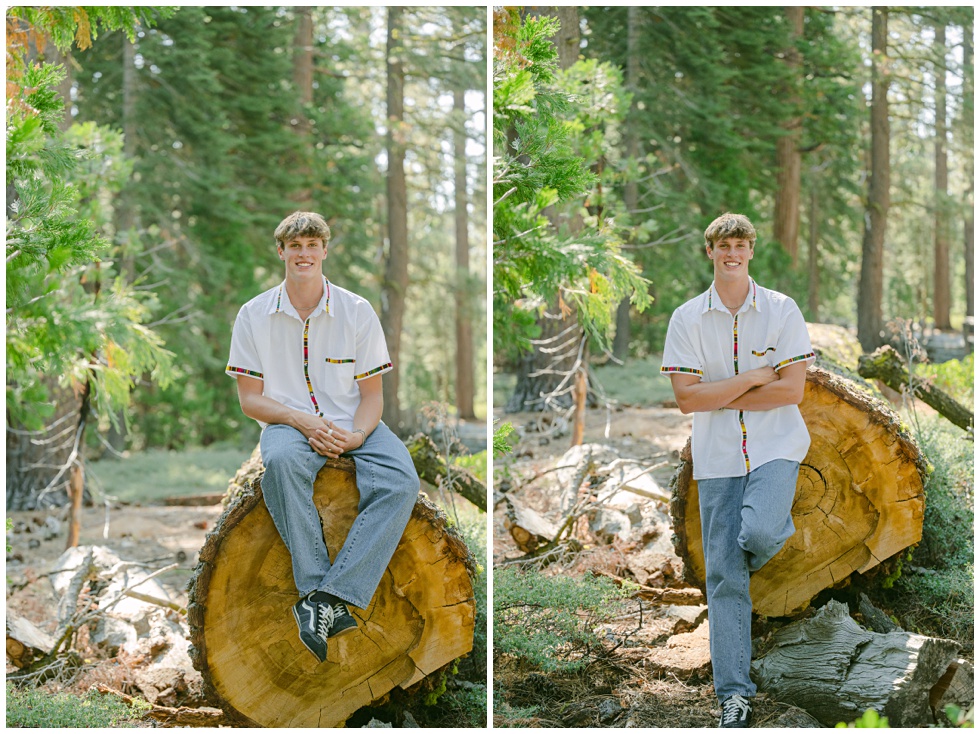 Portrait of senior boy among tall pines at Sugar Pine Point State Park in Lake Tahoe